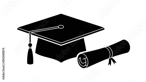 a black and white illustration depicting a graduation cap and rolled diploma representing academic achievement and the completion of educational studies high quality professional detailed