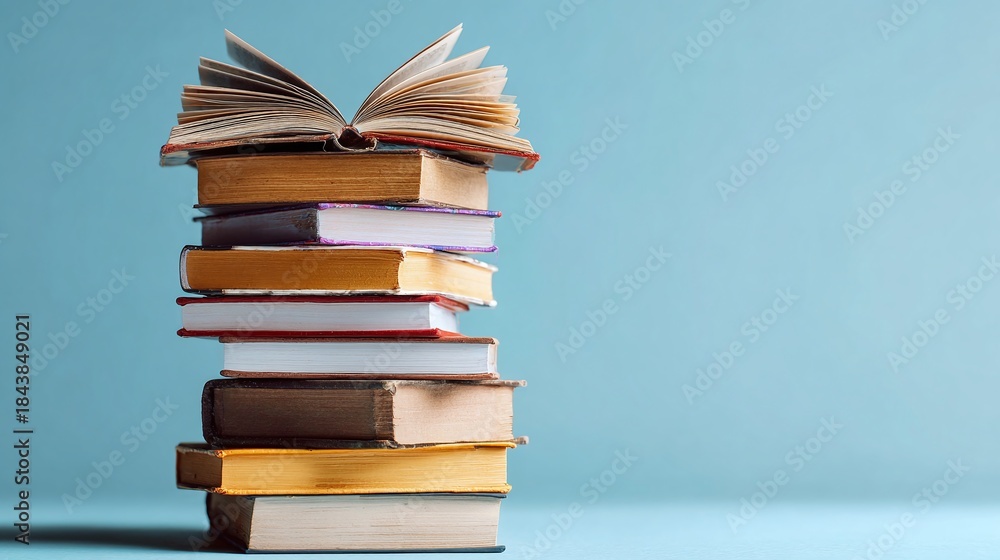 Fototapeta premium Stack of books on a blue background, creating a captivating image. The books, varying in color and size, with one book open, evoking a sense of knowledge, learning, and endless possibilities.