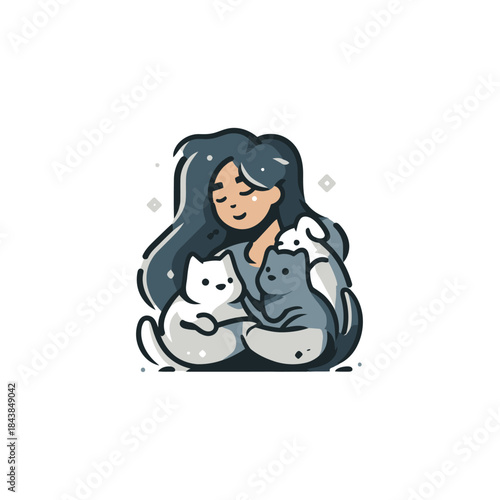 Cute woman with dark hair embracing two cats, a white and a grey kitten, illustrating pet love and companionship.