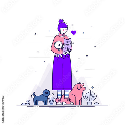 Happy woman holding a cat and dog, surrounded by beloved pets. Modern flat line art illustration depicting animal ownership and affection.