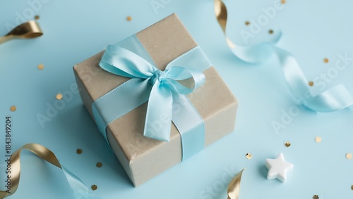 Elegant Gift Box with Blue Ribbon on Pastel Background, Minimal Holiday or Celebration Concept
