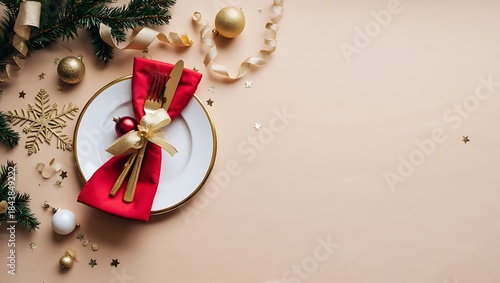 Elegant Christmas Table Setting with Festive Dinnerware, Red Napkin, Gold Decorations and Copy Space