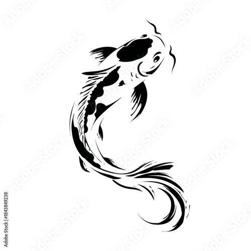 Elegant Black and White Stylized Koi Fish Illustration. Traditional Asian Ink Brushstroke Art Style, Isolated Vector Design.