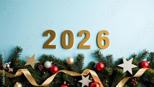 Festive 2026 New Year Background with Christmas Decorations, Evergreen Garland and Copy Space