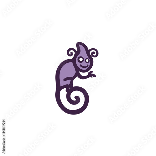 Playful purple cartoon lizard character illustration with a happy face and whimsical curly tail, isolated on white background.