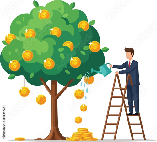 A businessman tending to a tree with golden coins as fruit symbolizing financial growth