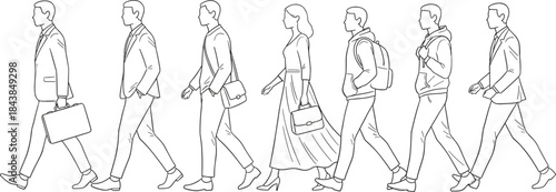 Black and White Line Drawing of Diverse People Walking in Various Outfits for Fashion, Character Design, and Lifestyle Illustration Use