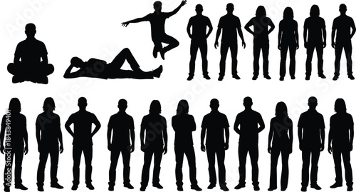 Black Silhouettes of Diverse Human Poses and Postures for Design, Illustration, Body Language Study, and Creative Art Projects