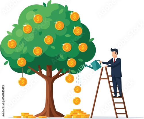 A man tending to a money tree with a watering can on a ladder