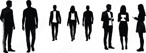 Business people silhouette illustration showing professional corporate men and women walking discussing ideas together isolated on white background