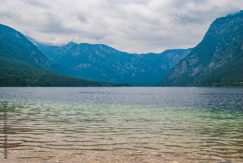 Bohinj lake on a cloudy day in Slovenia