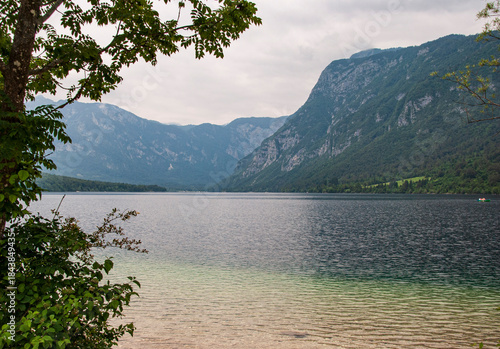 Bohinj lake on a cloudy day in Slovenia