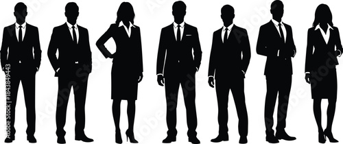 Business people silhouette illustration showing professional corporate team leaders in formal suits standing together isolated on white background