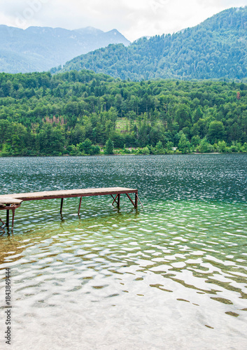 Bohinj lake on a cloudy day in Slovenia