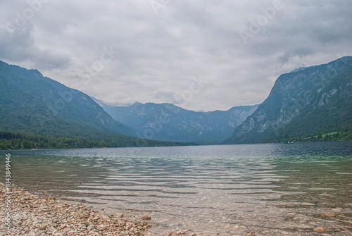 Bohinj lake on a cloudy day in Slovenia