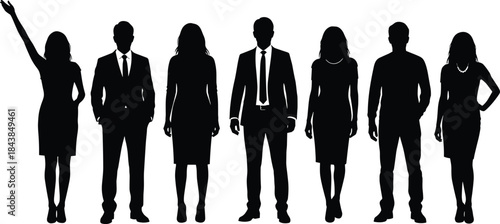 Business people silhouette illustration showing professional men and women standing together as confident corporate team isolated on white background
