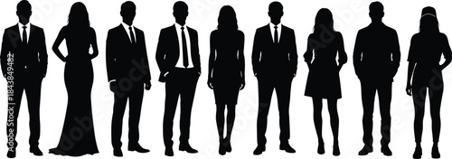 Business people silhouettes standing in row, professional men and women team lineup isolated on white background illustration
