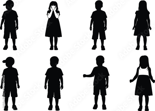 Children silhouette icon set featuring boys and girls in different poses, black child figures vector collection isolated on white background