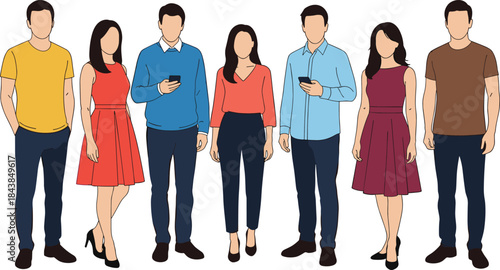 Casual young people standing together using smartphones, modern men and women characters isolated on white background flat illustration