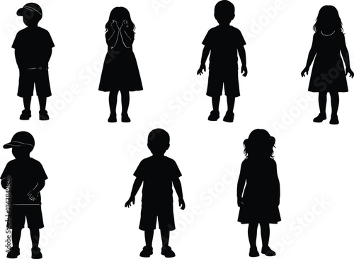 Children silhouette vector set featuring boys and girls in various poses, black kid figures collection isolated on white background