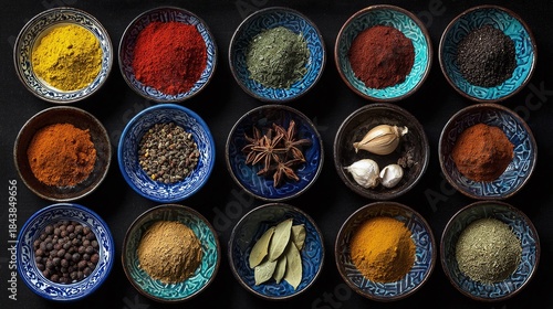 Assortment of herbs, spices, and flavorings in decorative bowls. Aromatic ingredients are shown. Vivid colors and textures create a culinary palette.