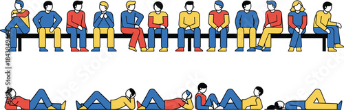 Colorful flat illustration of people sitting and lying on bench showing relaxed poses, modern characters, social waiting concept