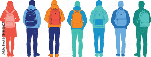 Colorful flat vector illustration of people with backpacks standing in row, modern student and traveler characters viewed from back