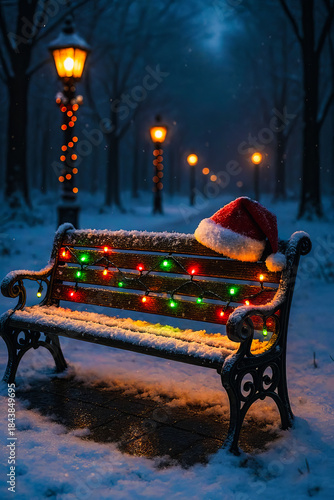 Bench with Santa Hat and Colorful Fairy Lights, Magical Holiday Background for Social Media