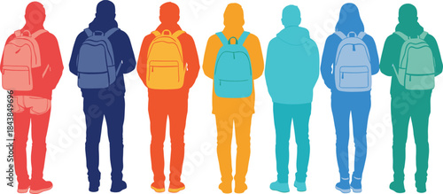 Colorful flat vector illustration of people wearing backpacks standing together from back view, modern student traveler characters isolated on white background