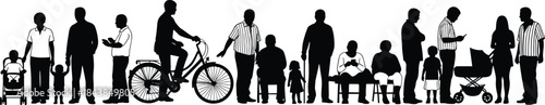 People and families silhouette in urban daily life, community scene with cycling parents children and stroller, modern city lifestyle illustration