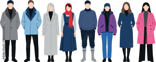 Flat people characters illustration set showing men and women wearing winter coats casual outfits and modern clothing standing together isolated