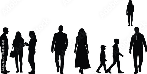 People silhouette illustration showing men women and children walking talking and standing together in urban lifestyle scene isolated on white background