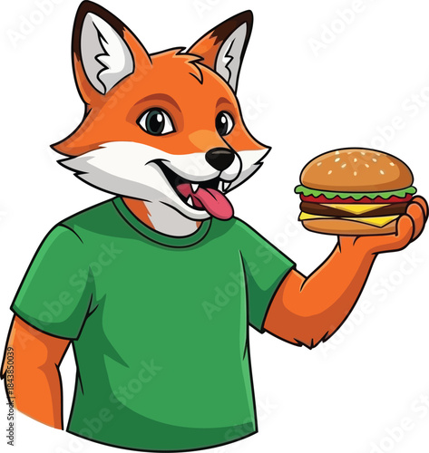A cheerful fox character happily presents a delicious looking hamburger to the viewer