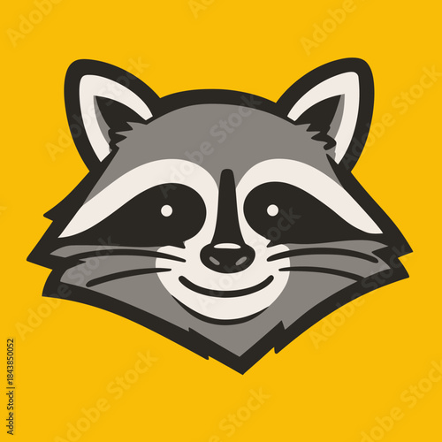 Cute cartoon raccoon head illustration with a friendly smile on a vibrant yellow background. Flat design vector art of a happy wild animal face.