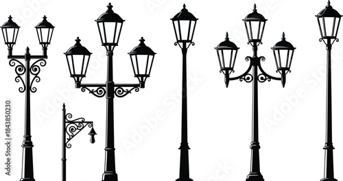 Black Silhouettes of Vintage Street Lamp Designs with Ornate Details for Urban Decor, Architectural Graphics, and Historical Illustration Projects