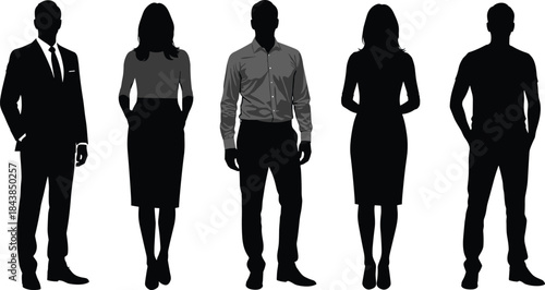 Business men and women silhouettes standing isolated on white background, professional corporate people black vector illustration set