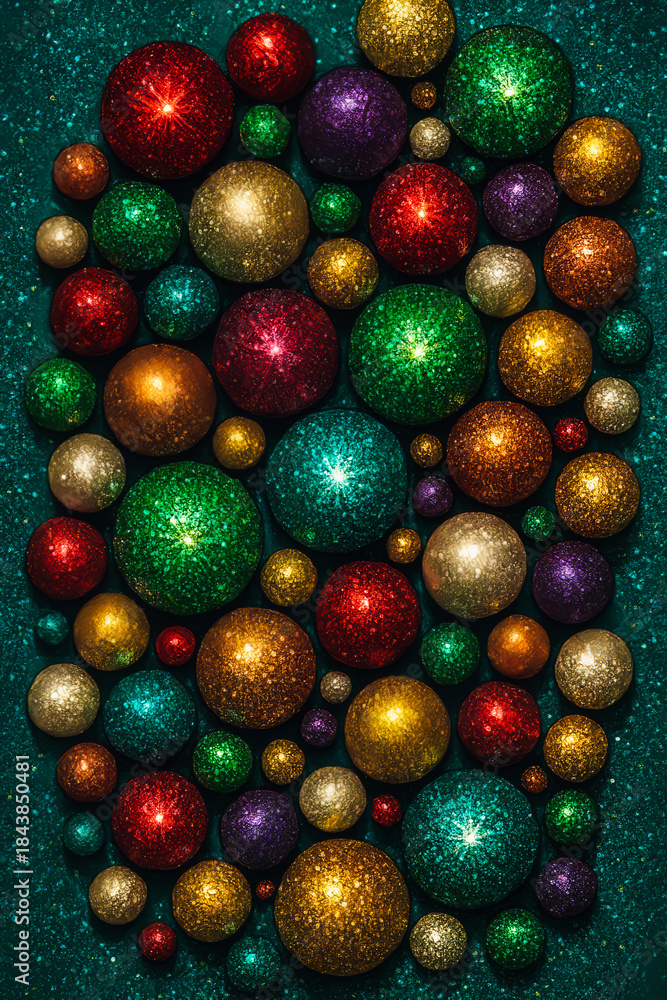 Fototapeta premium `Festive Christmas Ornaments in Green and Gold, Holiday Background for Seasonal Design`