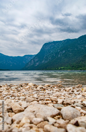 Bohinj lake on a cloudy day in Slovenia