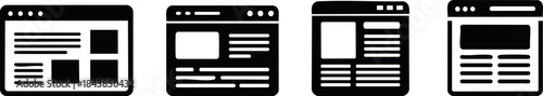 Blogging and Online Content Silhouette set. Four minimalist web browser icons in black and white, representing different layouts and content formats commonly found on websites.