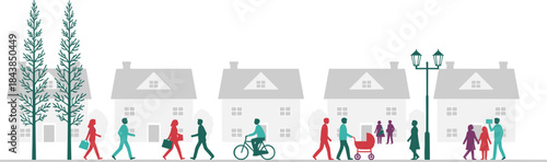 Flat vector illustration of suburban neighborhood street with people walking cycling and families outdoors, modern community lifestyle scene isolated on white background
