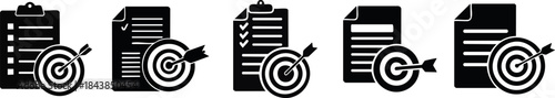 Marketing Copywriting Silhouette Set. A set of black and white icons representing documents, checklists, and targets, illustrating organization and goal setting.