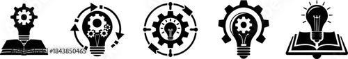Creative Writing Process Silhouette set. Five light bulb icons themed around innovation and learning, featuring gears and books, symbolizing creativity and problem-solving.