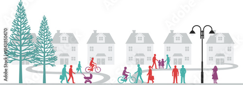 Flat vector illustration of suburban neighborhood with people walking cycling and families outdoors, modern community lifestyle scene isolated on white background