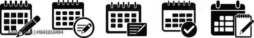 Content Strategy and Planning Silhouette Set. A series of black and white calendar icons depicting various actions related to scheduling and planning.
