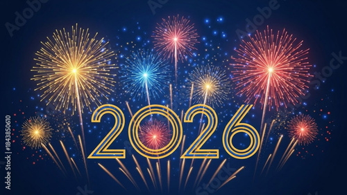 Fireworks Extravaganza of Year 2026: The New Year's Eve sky explodes with a dazzling display of colorful fireworks over the gleaming year 2026, creating a spectacle of wonder and celebration.