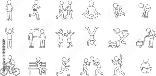 Line art people activity icons showing daily life actions, social interaction, fitness, leisure scenes in minimal outline vector style