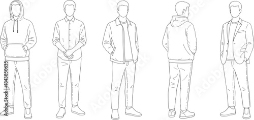 Male fashion poses line art characters wearing casual and smart outfits, minimal outline vector illustration set for modern apparel design