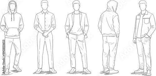 Male fashion poses line art characters wearing casual and smart outfits, minimal outline vector illustration set for modern apparel design