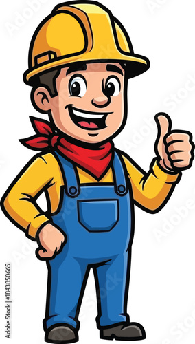 Cartoon construction worker giving a thumbs up wearing a yellow hard hat and overalls