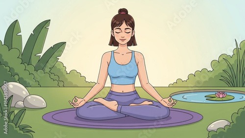 Zen Garden Meditation: Serene woman practices meditation in tranquil garden, embodying peace and mindfulness. A moment of self-discovery, perfect for wellness and relaxation.